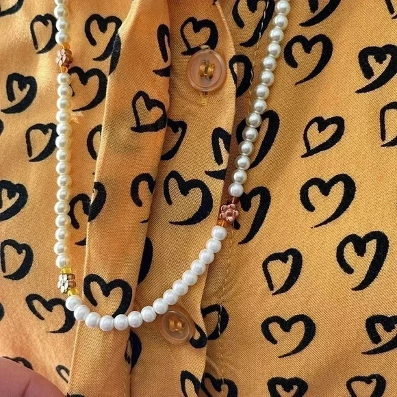 ❤️2/$30❤️[M]Velvet Heart Yellow Button Down  Rayon Heart patterns L/S Shirt - Picture 5 of 15